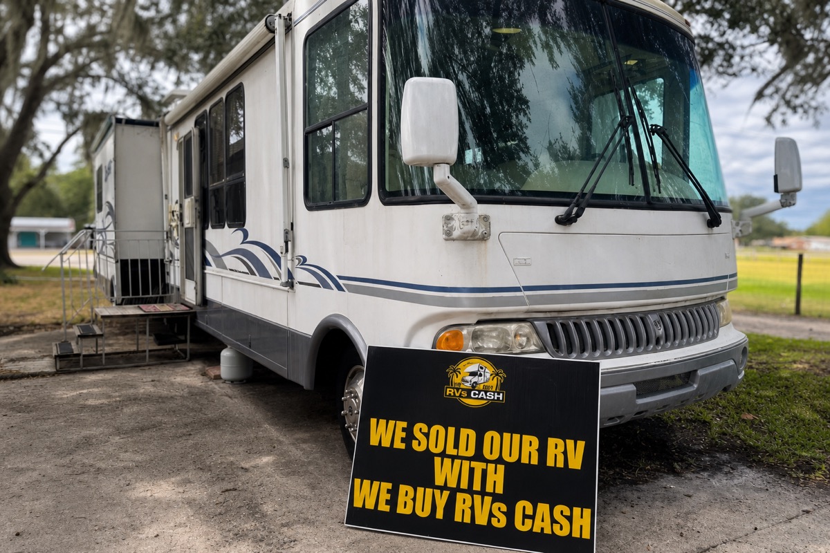 Class A motorhome, close three-quarter view — We Buy RVs Cash, Florida