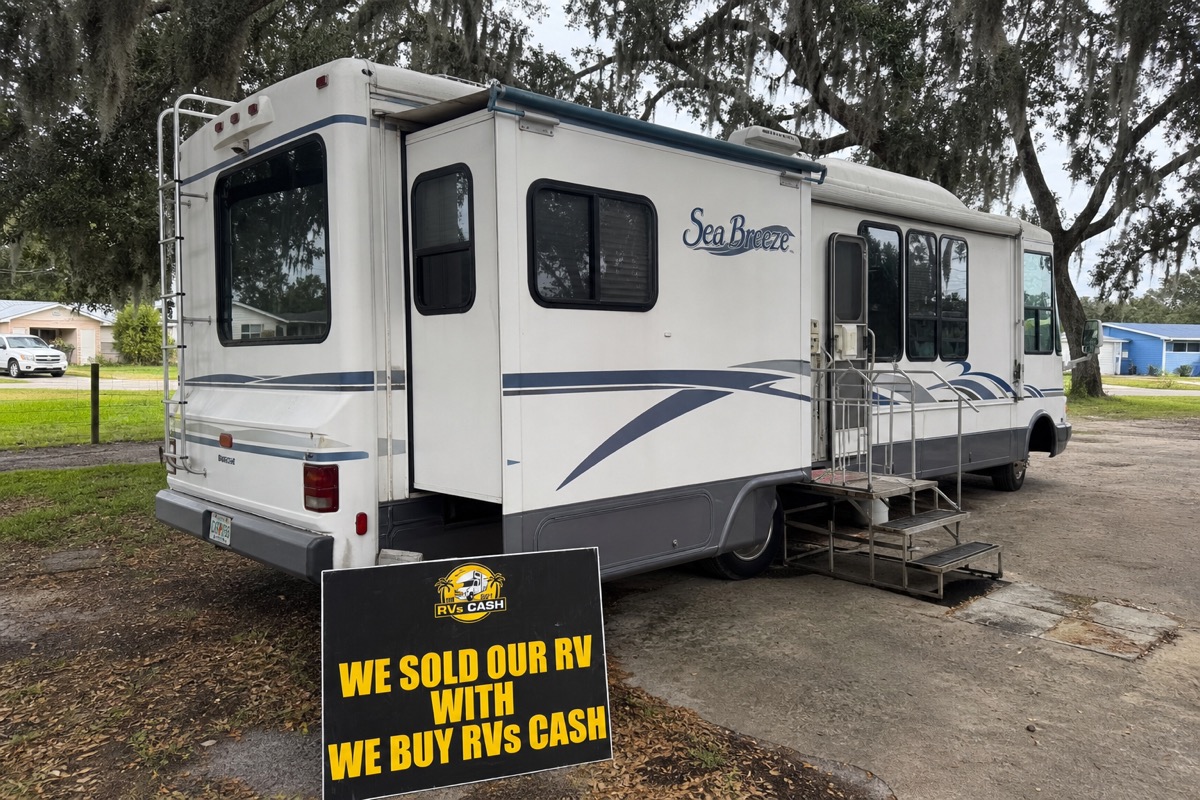 Class A motorhome, rear three-quarter view — We Buy RVs Cash, Florida